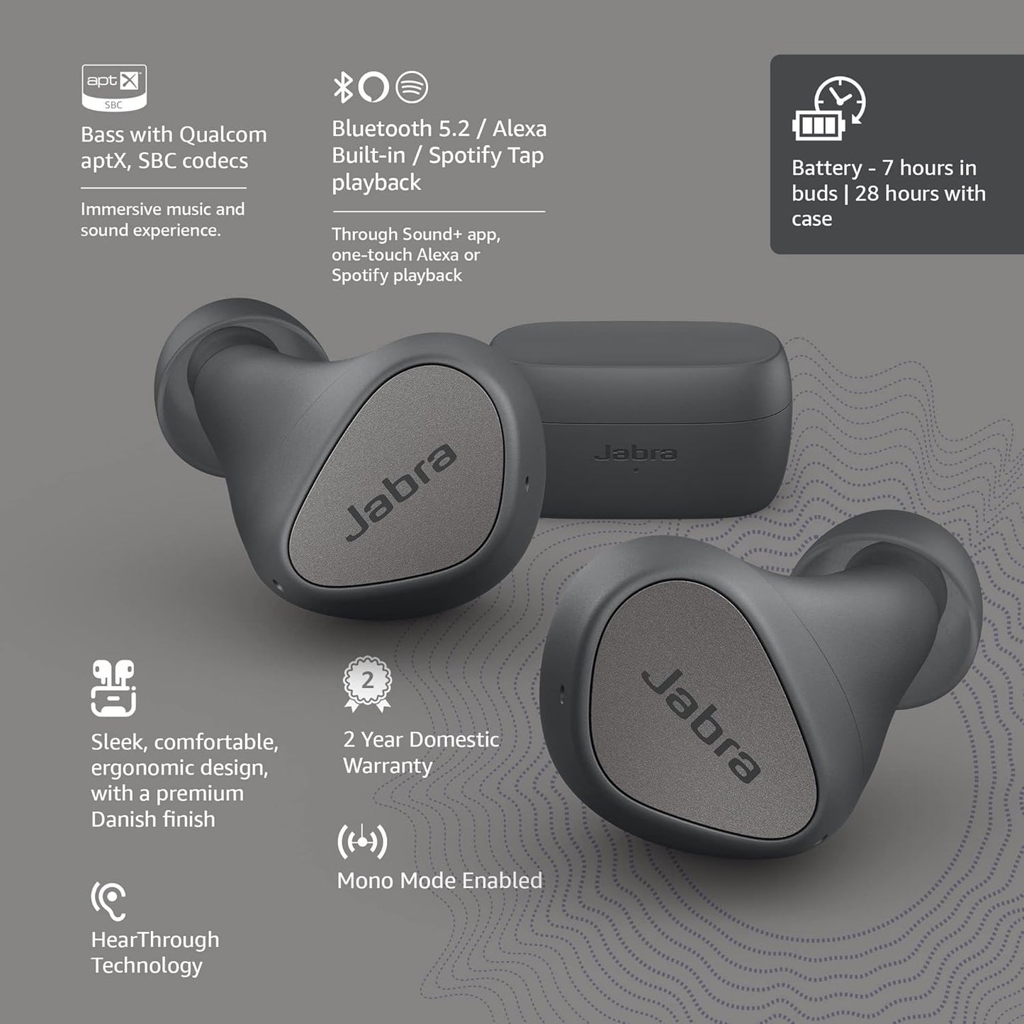 Jabra Elite 3 Earbuds Passive Noise Cancelling Bluetooth Headphones with Long Battery Life for True Wireless Calls and Music – Dark Grey